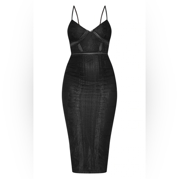 PrettyLittleThing Lace Mesh Insert Black Midi Dress Elegant Evening Wear 4 NWOT - Picture 3 of 7